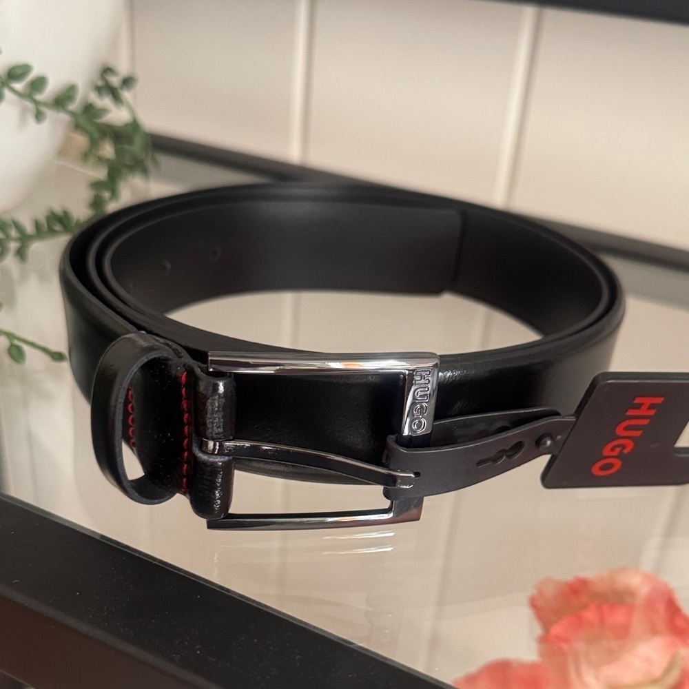 NEW HUGO Black Cow Skin Leather Garney Gun Metal Buckle Belt 44” 115 cm
